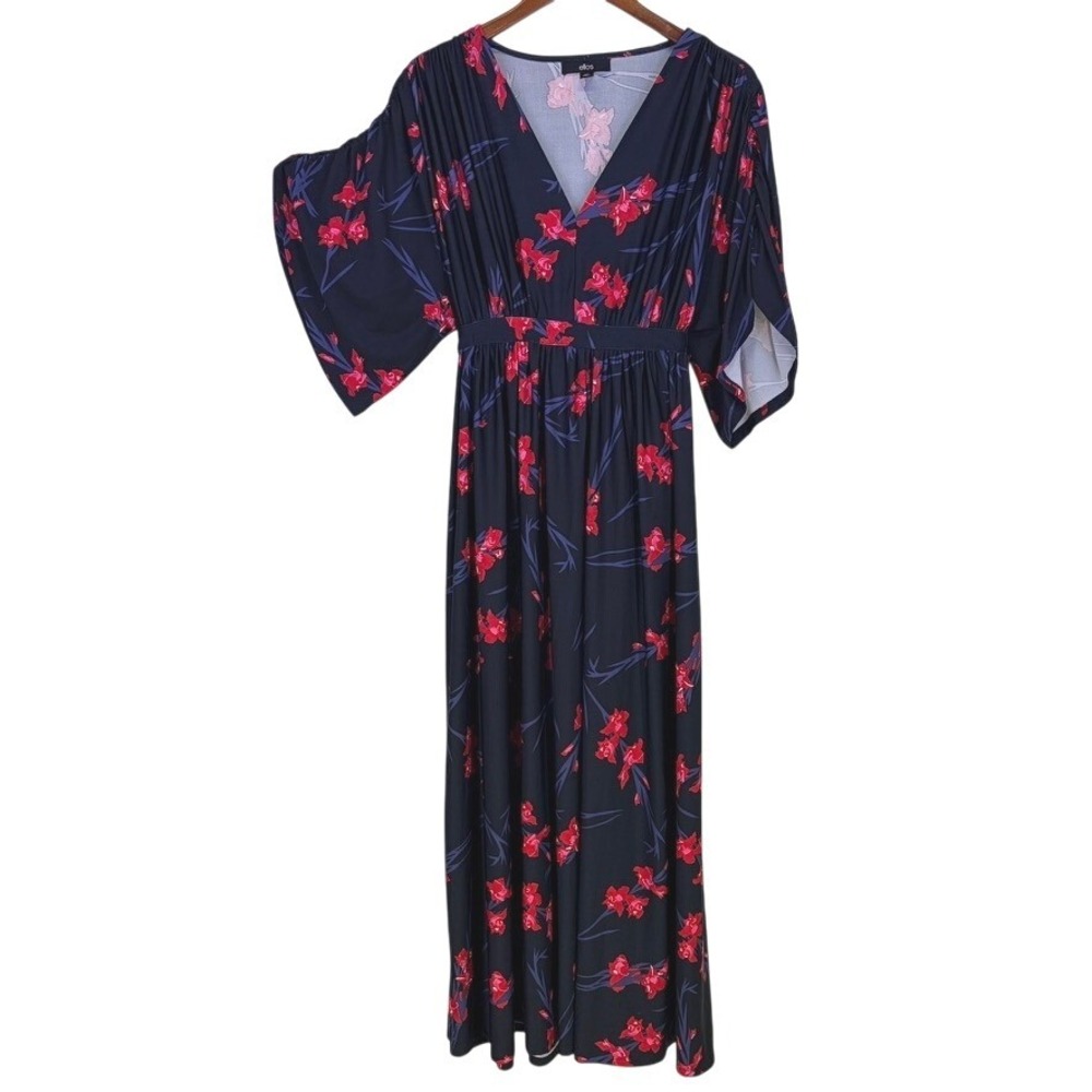 Ellos Maxi Dress Womens 14/16 Black Floral V-Neck Kimono Sleeve‎ Dark Romantic